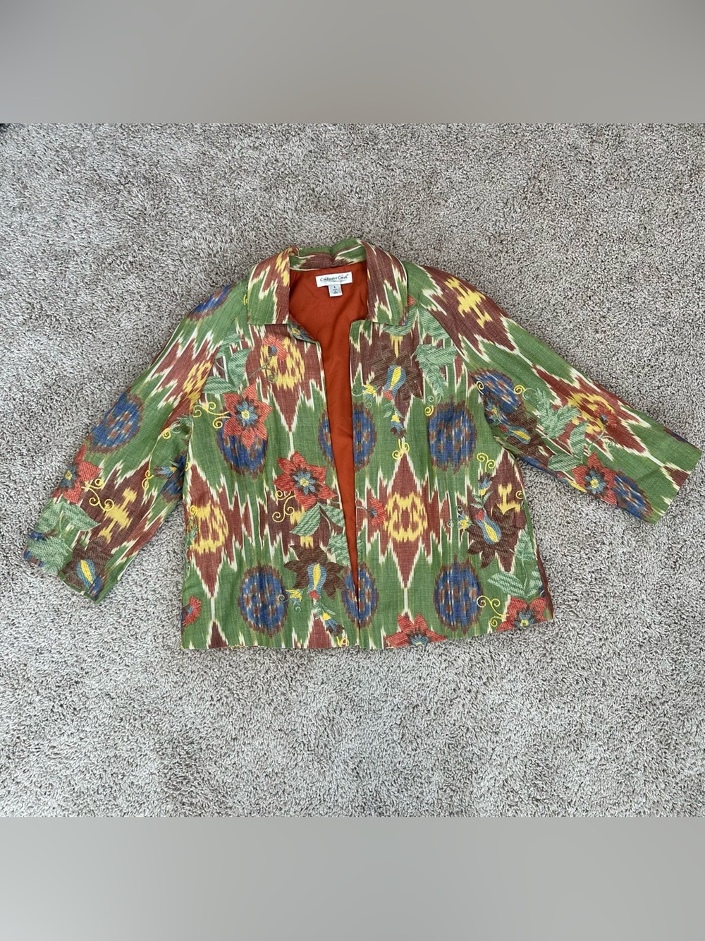Coldwater Creek Linen Blend Embroidered Ikat Floral Jacket Small Boho Art Wear - Picture 1 of 5